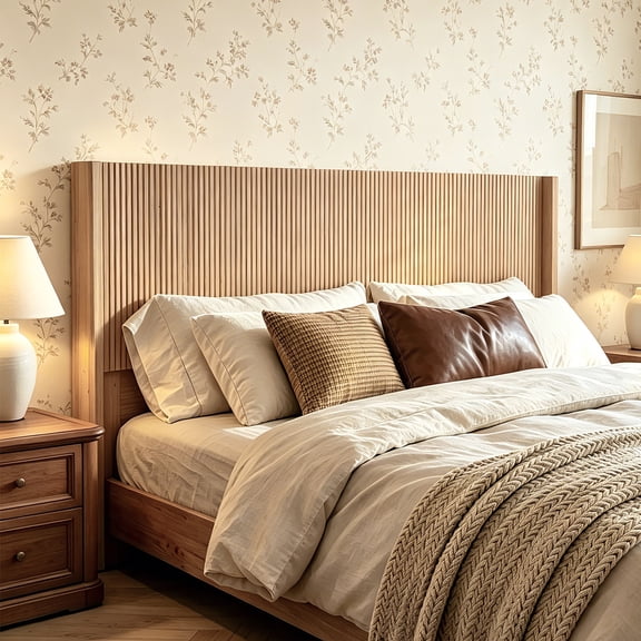HMstone Queen Size Boho Headboard Only, Modern Fluted Wall-Mounted Head Board with Lighting, Wood Bed Headboard Stylish Bedroom Decor, Natural