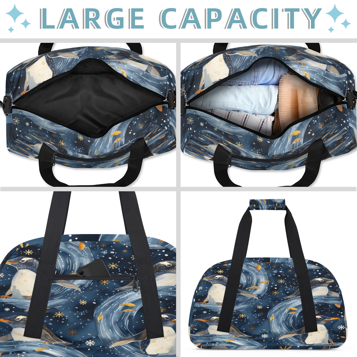 Herdesigns Cute Animal Penguin Sports Duffle Bag for Women & Men, Penguin Print Gym Bag Dance Bag Overnight Bag Carry On Weekender Travel Bag