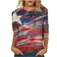 thumbnail image 2 of Hauts pour Femmes 2023 Mode Féminine Manches Trois-Quarts Col Rond Rétro Imprimé Indépendance Hauts Amples Blouse Manches Trois-Quarts Sexy en Solde, 2 of 4