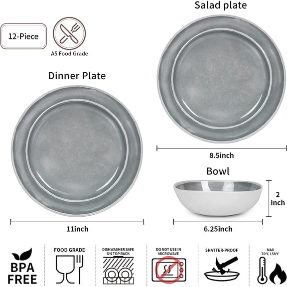 Melamine Dinnerware Set - 12pcs Dishes Dinnerware Set for 4, Indoor and Outdoor use, Dishwasher Safe, Break-resistant, Lightweight, Gray