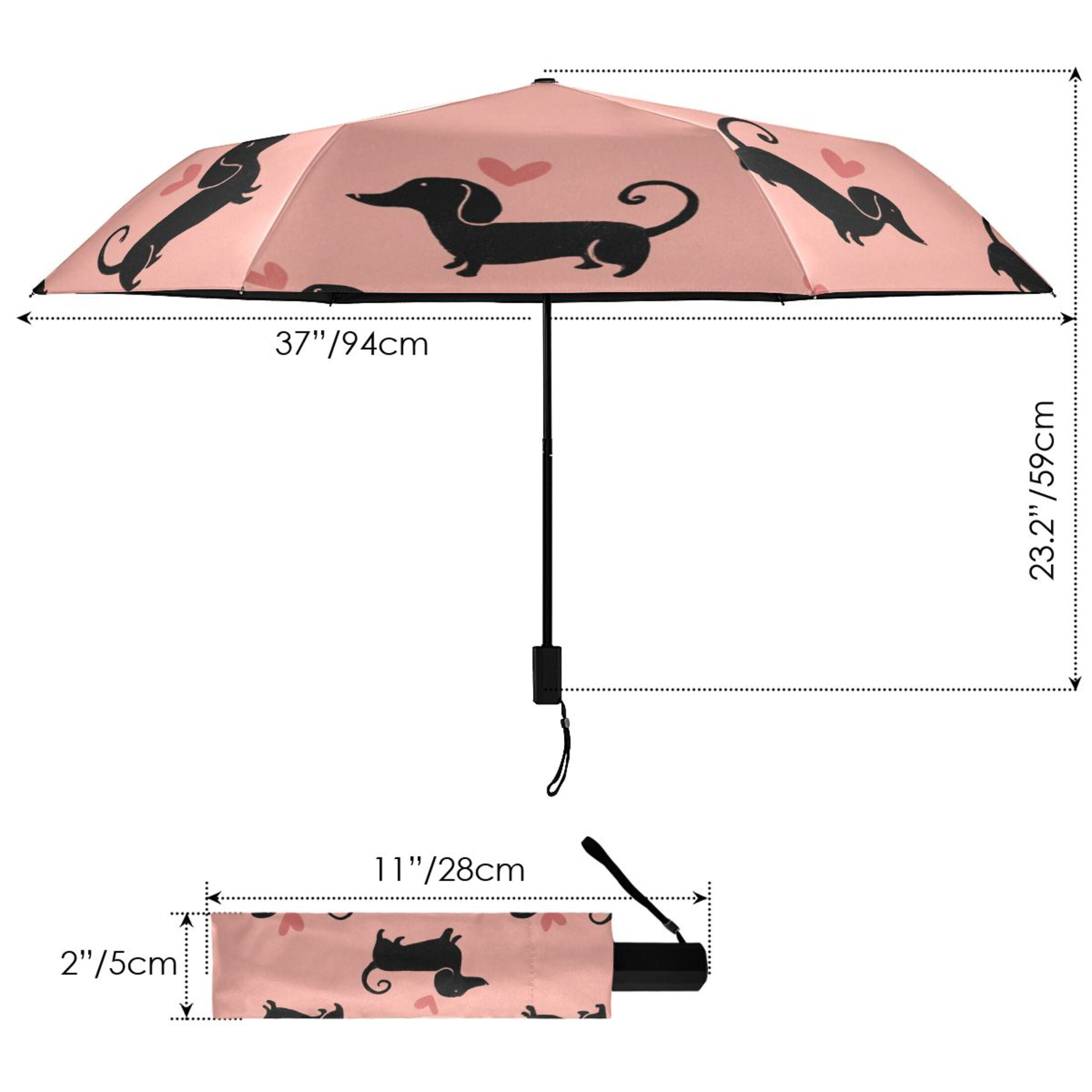 Dachshund Dog with Hearts Valentine All Weather Umbrella Triple Folding Parasol 6 Ribs UV Protection Portable