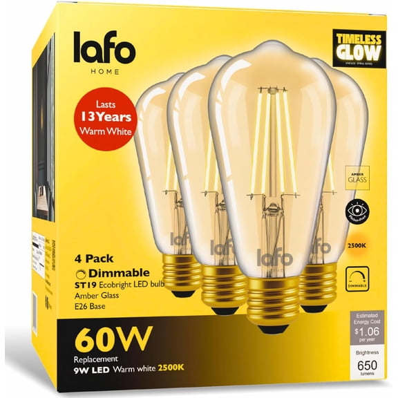 LafoHome Classic Edison ST19 LED Filament Bulb, 650 Lumens, 60W Equivalent, 2500K Warm Amber, Dimmable, 4-Pack