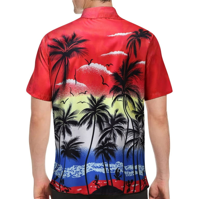 sckarle Men's Summer Dress Shirts Short Sleeve Floral Printed T Shirt Fashion Slim Fit Beach Hawaiian Button Down Shirt, Size: Mens Tops Large, Orange