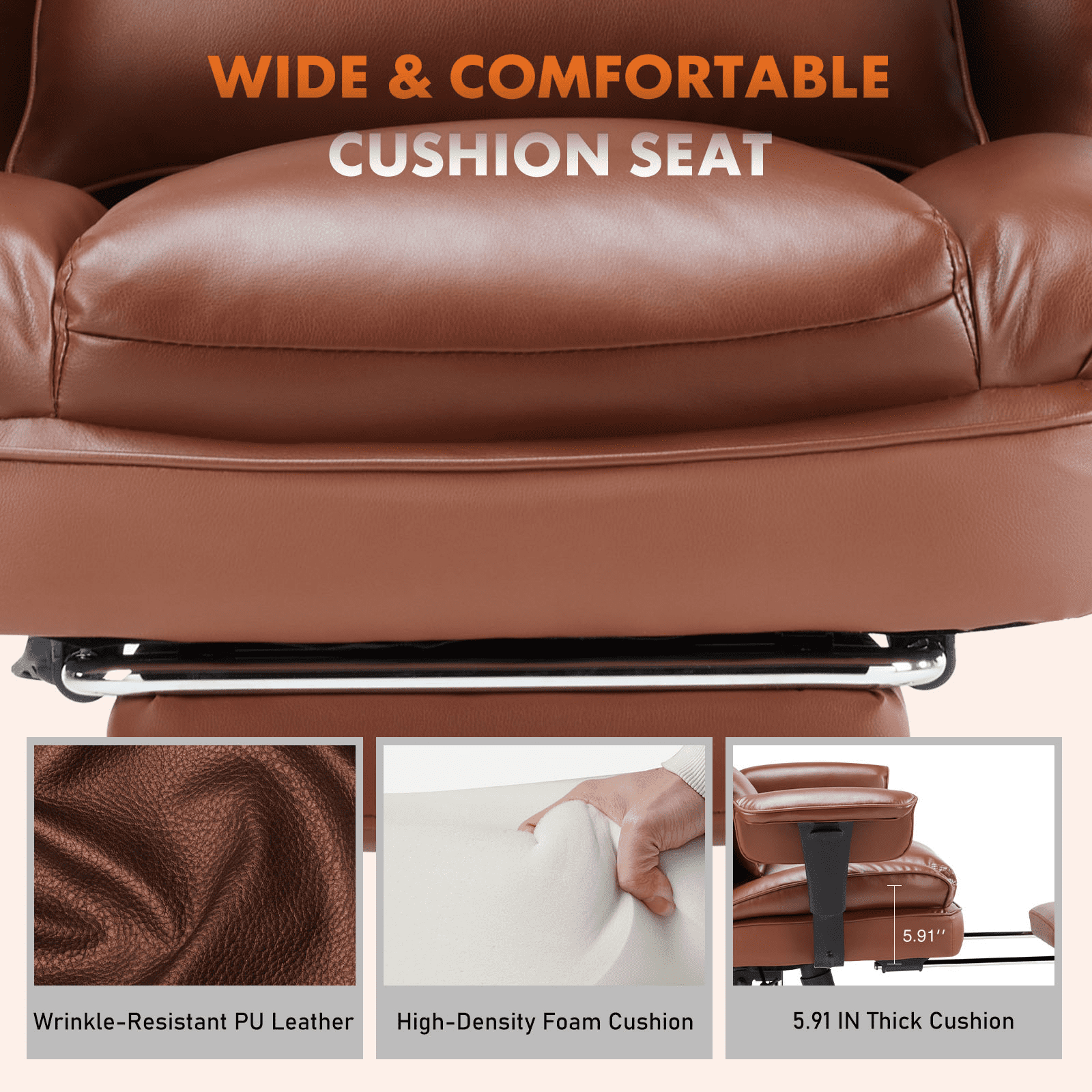 MAYEERTY High Back Executive PU Leather Office Chair with Retractable Footrest, 90°-135° Reclining Ergonomic Computer Desk Chair, Height Adjustable with Lumbar Support & Armrests