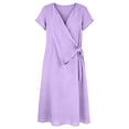 thumbnail image 4 of Women's Solid Color Wrap V Neck Midi Dress Short Sleeve Tie Waist Casual Vacation Dress with Pockets Purple M(M), 4 of 7
