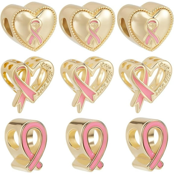 12Pcs 3 Styles Pink Ribbon Beads Breast Cancer Awareness Bead Enamel 18K Gold Plated Heart Shaped European Large Hole for Jewelry Making DIY Bracelet
