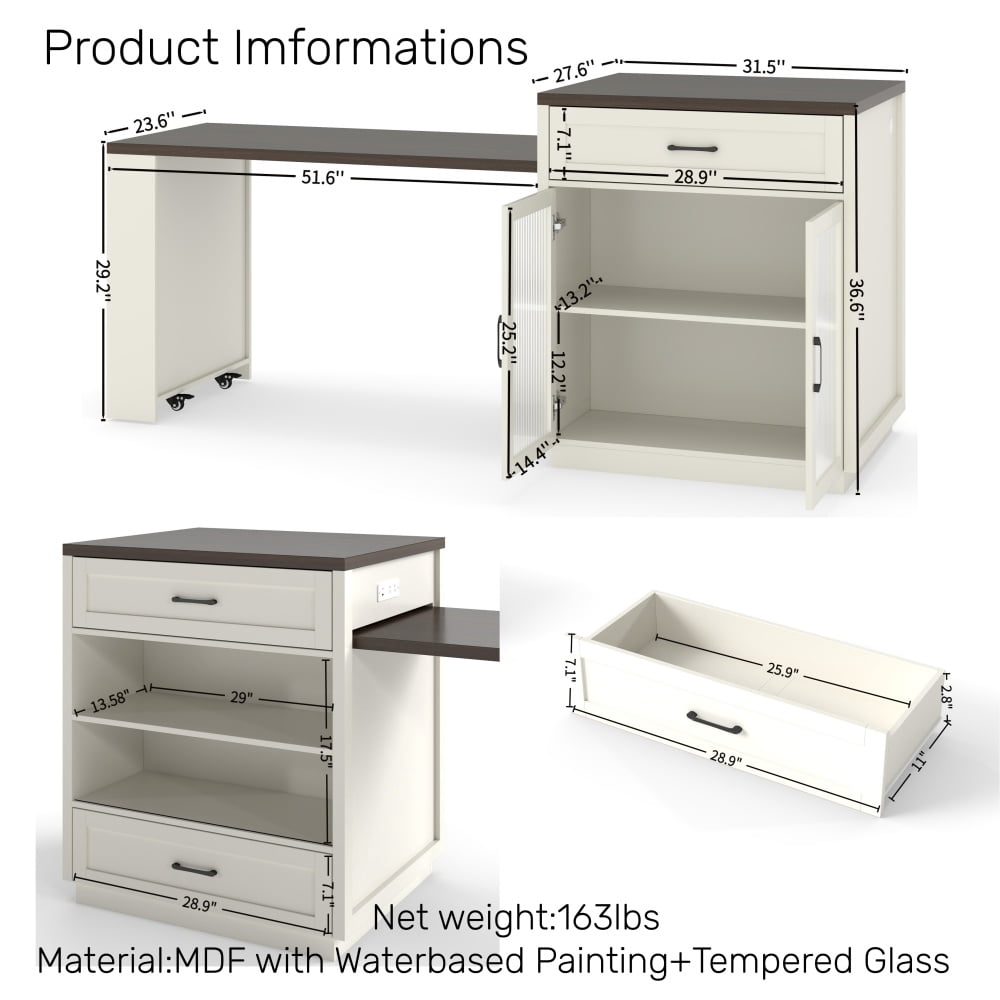83.1'' Extendable Kitchen Island with Slide Out Table and Storage Racks for 2-6 Person,Kitchen Island with Tempered Glass Doors,Walnut Woodgrain Dining Table,Power Outlet,Bar,Prep Station
