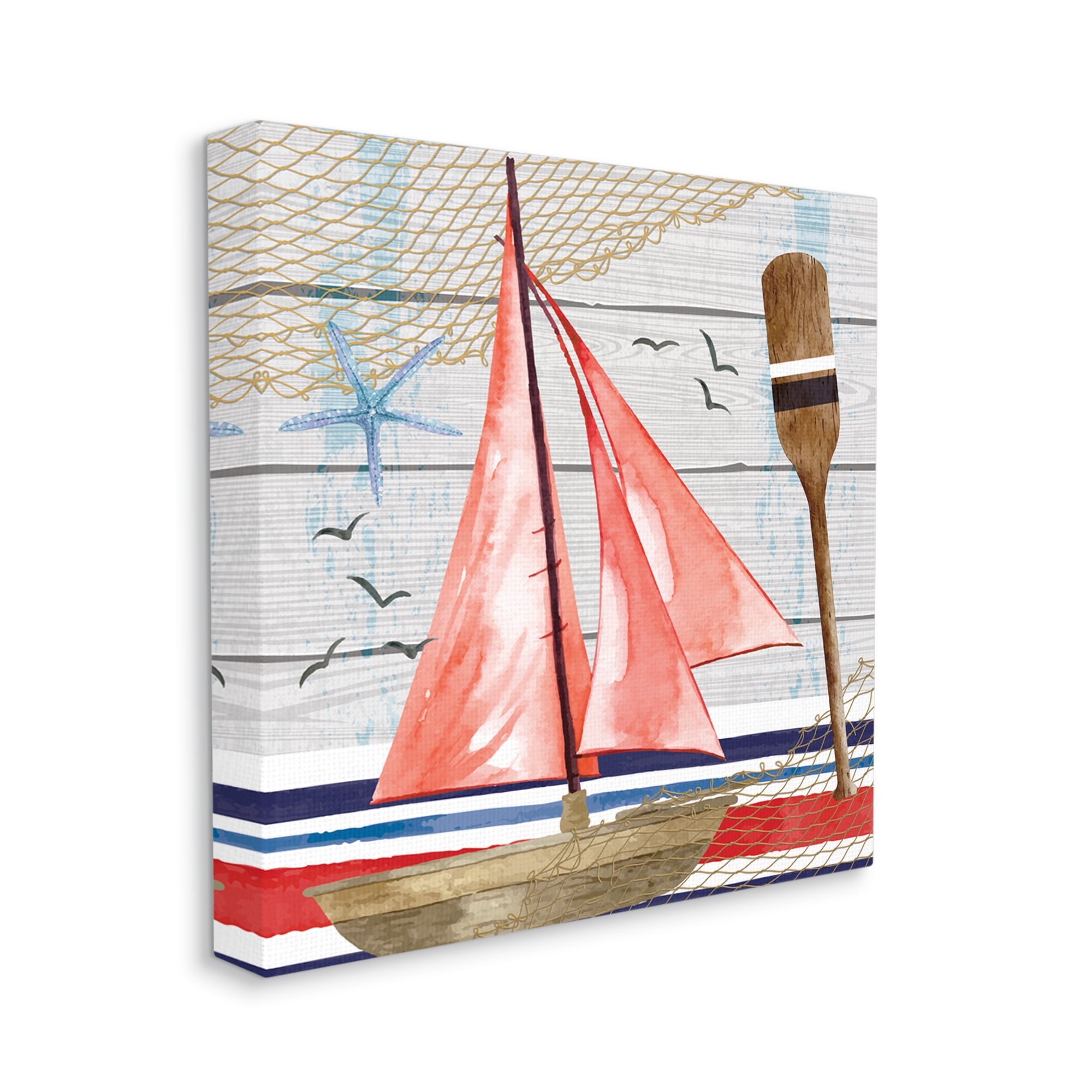 Stupell Coastal Plank Pattern Sailboat Landscape Painting Gallery Wrapped Canvas Print Wall Art