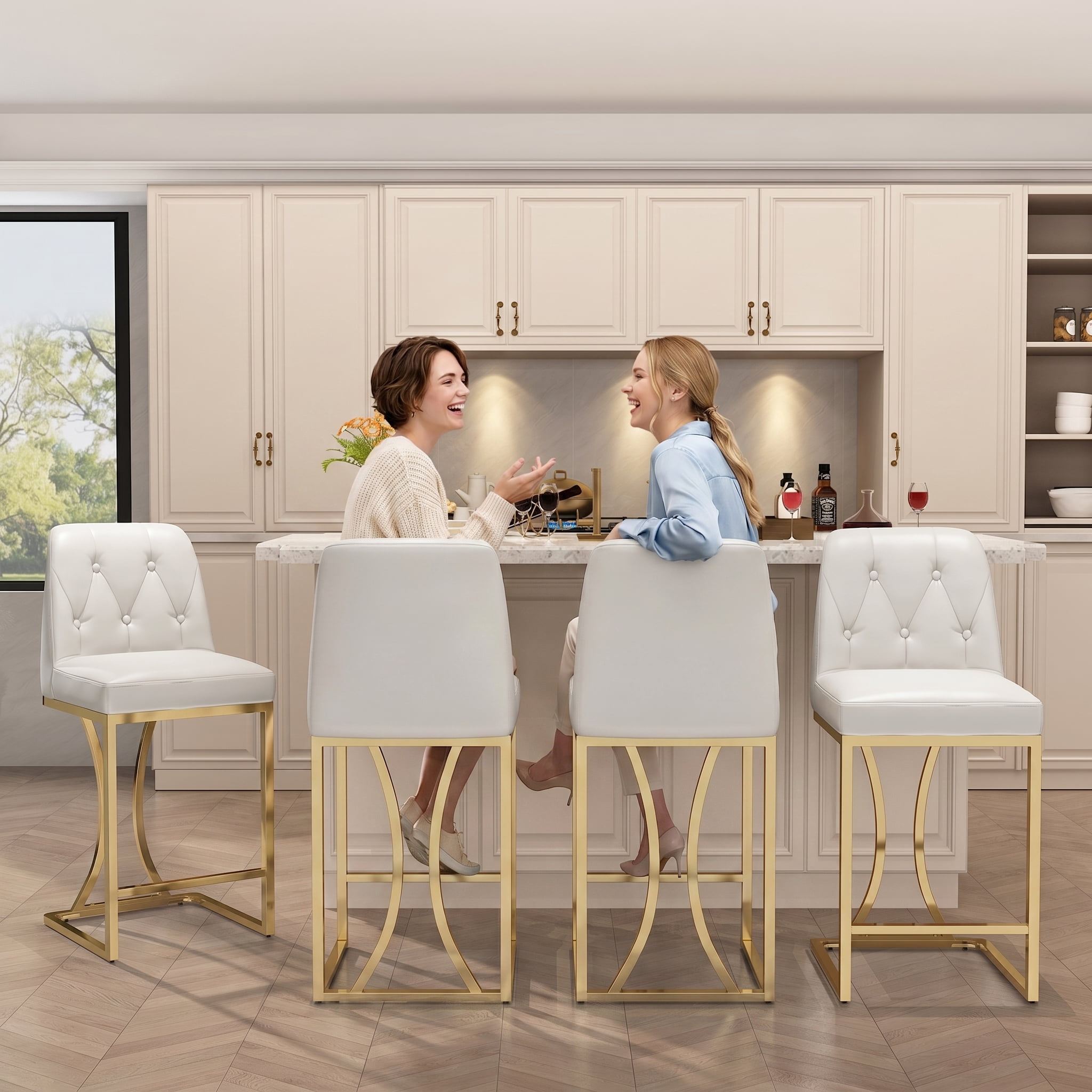 iooHug Set of 4 White Bar Stools, 24" Counter Height Bar Stools, PU Leather Kitchen Island Stools with Back and Gold Footrest, Modern Bar Chairs for Dining Room or Home Bar