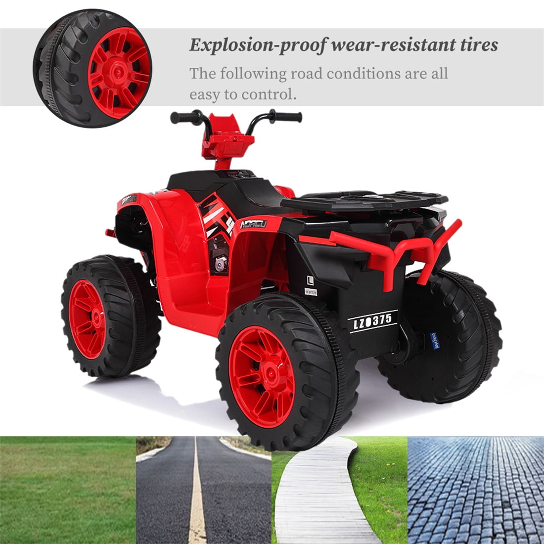 Private Jungle Kids ATV, 12V Battery Powered Electric Vehicle, Ride on Car 4 Wheeler Quad for Boys & Girls Gift, Ride on ATV with LED Lights, Music, Black & Red, Unisex