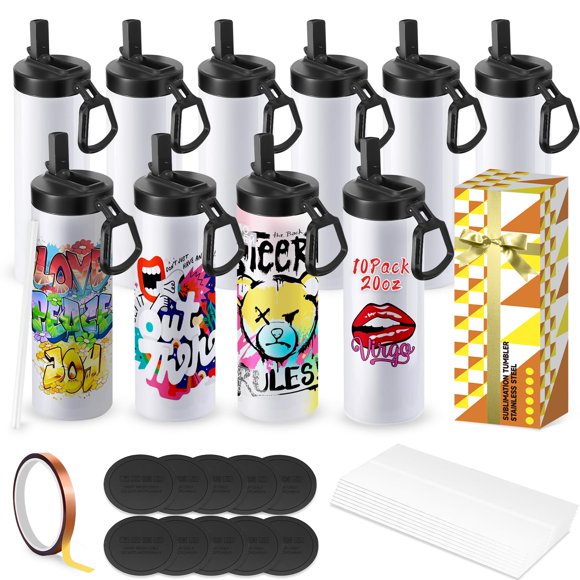Sublimation Blank Tumbler, 10 Pack, 20oz Sports Wide Mouth Stainless Steel Water Bottle, Vacuum Flask with Portable Handle and Straw for Tumbler Press Machine Sublimation Print