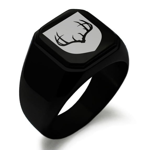 Stainless Steel Antlers Fortitude Coat of Arms Shield Engraved Square Flat Top Biker Style Polished Signet Ring
