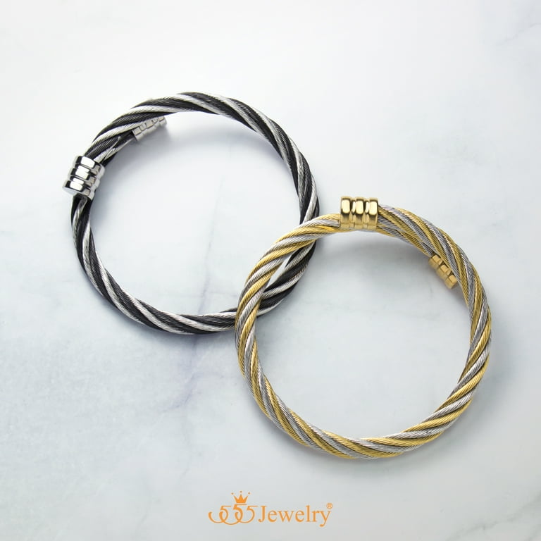 555Jewelry 2 Tone Adjustable Twisted Wire Cable Bangle Bracelets