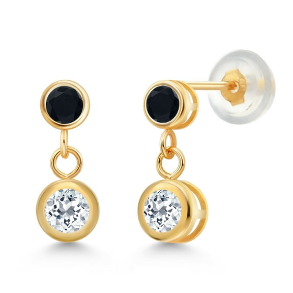 Gem Stone King 14k Yellow Gold White Topaz and Black Onyx Two Stone Dangle Earrings for Women (0.86 Cttw, Gemstone November Birthstone, Round 4MM, Round 3MM)