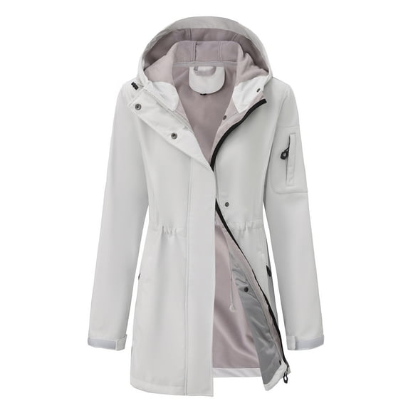 Mceream Winter Jacket for Women Trendy 2025 Fleece Lined Full Zip Hooded Jackets Fashion Tunic Coat Windbreaker Long Coat with Pockets Plus Size Outwear Chaqueta De Invierno Para Mujer White XXL