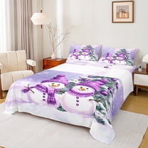 Manfei Cartoon Purple Snowman Queen Sheet Sets for Child, Kawaii Xmas Tree Flat Sheet, Christmas Snowflake Print Queen Fitted Sheet, Lightweight Room Decor, 4-Piece