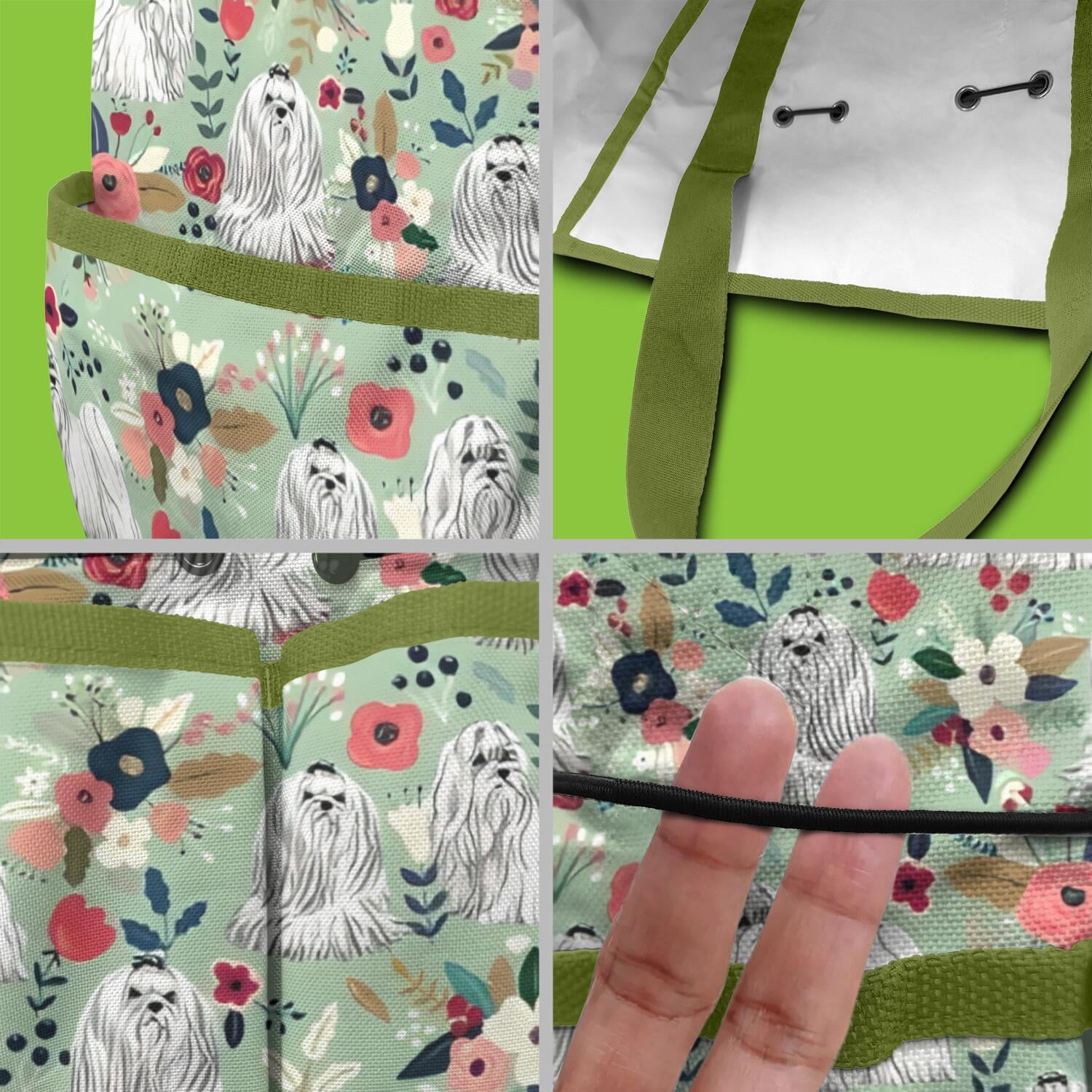 Garden Tool Bag,Maltese Dog and Flower Floral Garden Tool Organizer,Garden Gifts,Waterproof Multi-Pocket Garden Tool Storage 11.8x5.5x11.4 Inch(Tools NOT Included)
