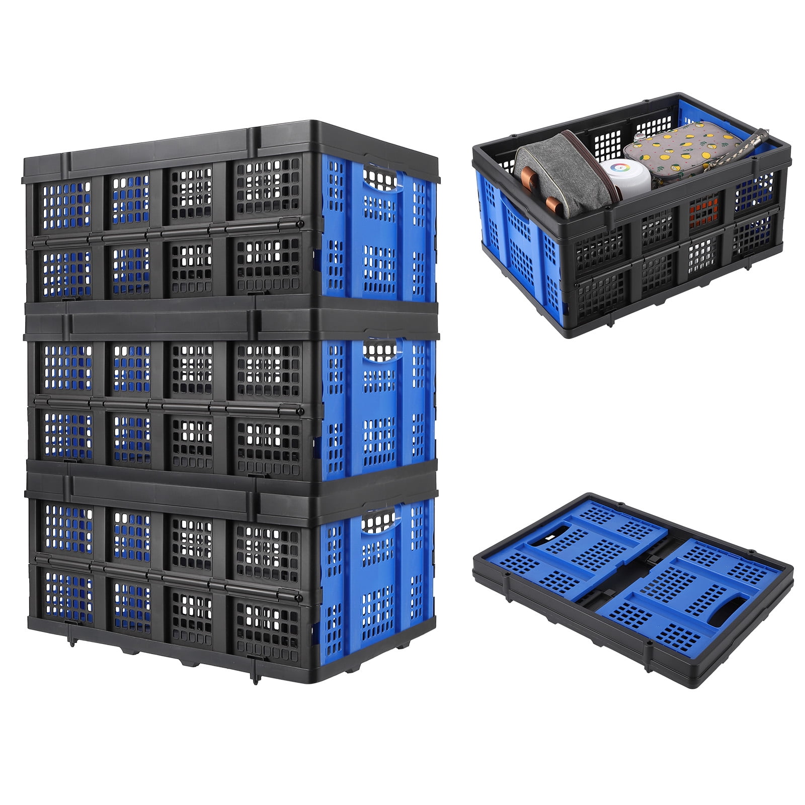 Heavy-Duty 55L Collapsible Plastic Storage Crate – Stackable, Collapsible Utility Bin with Handles – Multi-Purpose Organizer Basket for Home, Office, Garage, Kitchen, Study Room – Blue
