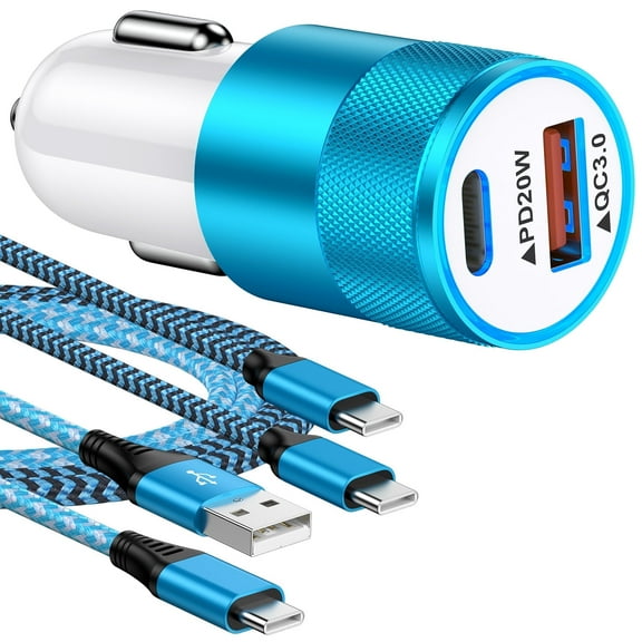 GAEF Car Charger Fast Charging, 38W Dual Port Car Charger Adapter with 6FT Type C Micro Charging Cable, Car Cigarette Lighter Socket Plug Compatible for iPhone Android, Blue