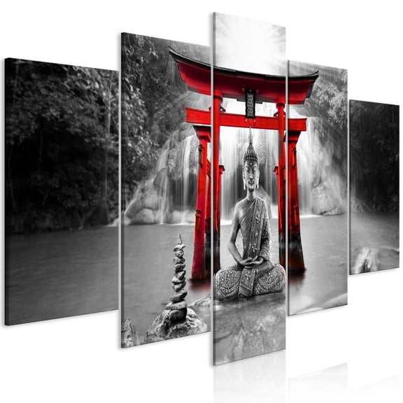 Tiptophomedecor Stretched Canvas Print - Buddha Smile Red 5 Piece - Stretched & Framed Ready To Hang Art