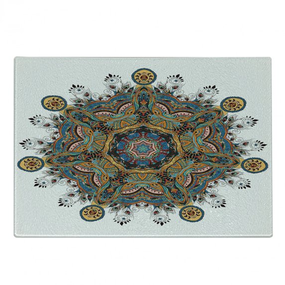 Mandala Cutting Board, Oriental Flower Pattern Several Exquisite Colors Cultural Bohemian, Decorative Tempered Glass Cutting and Serving Board, Small Size, Multicolor, by Ambesonne