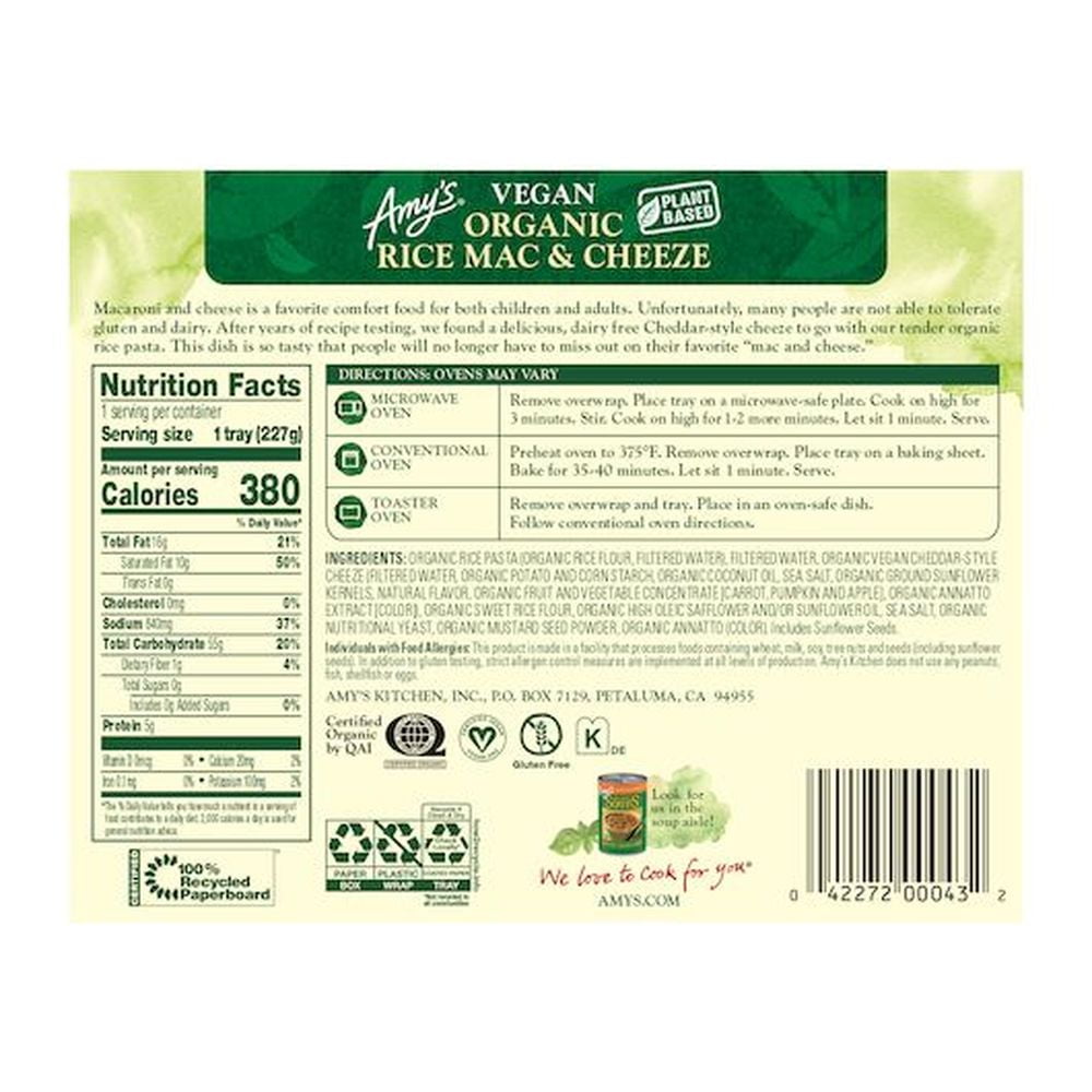 Amys Non Dairy Rice Macaroni and Cheeze Entree, 8 Ounce - 12 per case.