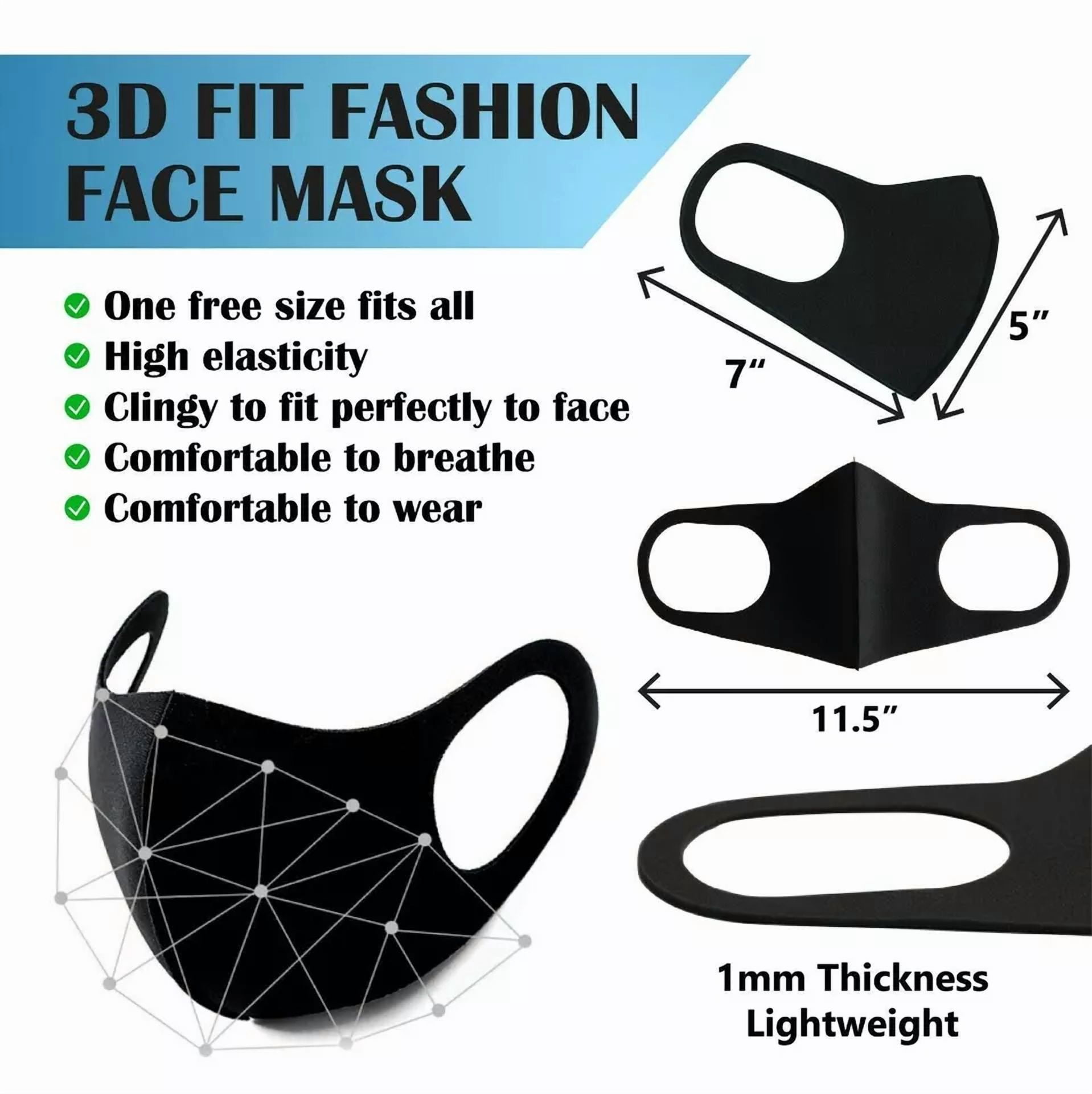 DALIX Cloth Face Mask Reusable Washable Made in USA - Black S-M (5 P