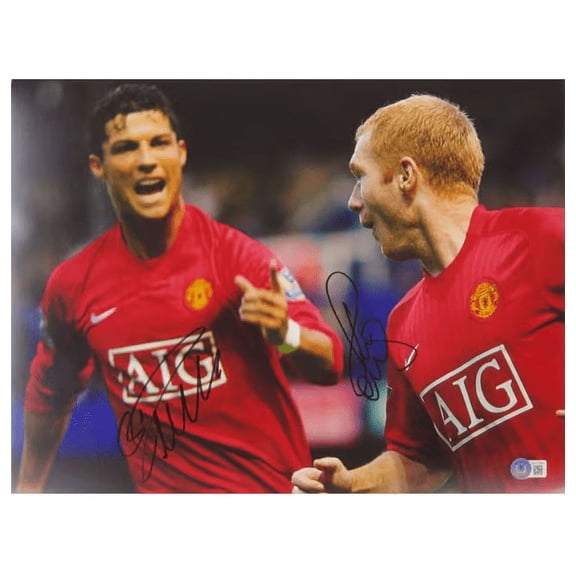 Cristiano Ronaldo & Scholes Signed Soccer Print Size 12″ x 16″ with Beckett COA