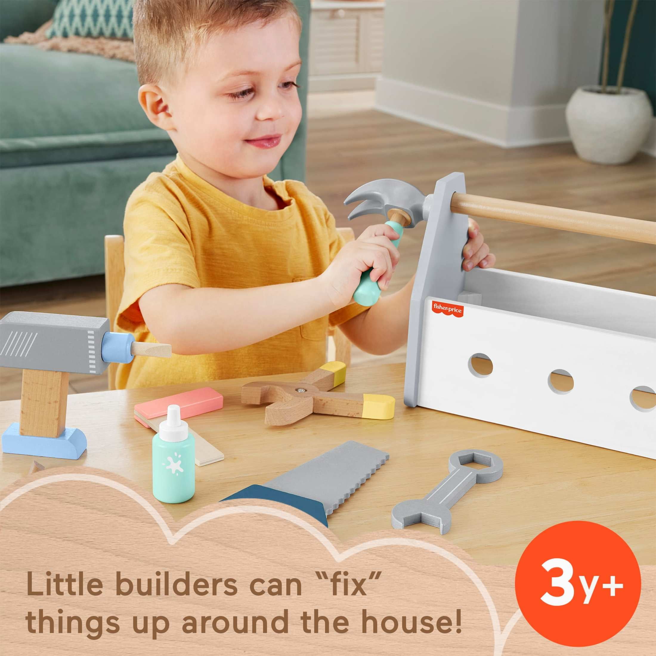 Fisher-Price Wooden Tool Box with Toy Drill, 9 Wood Pieces for Preschool Pretend Play, Ages 3+ Years