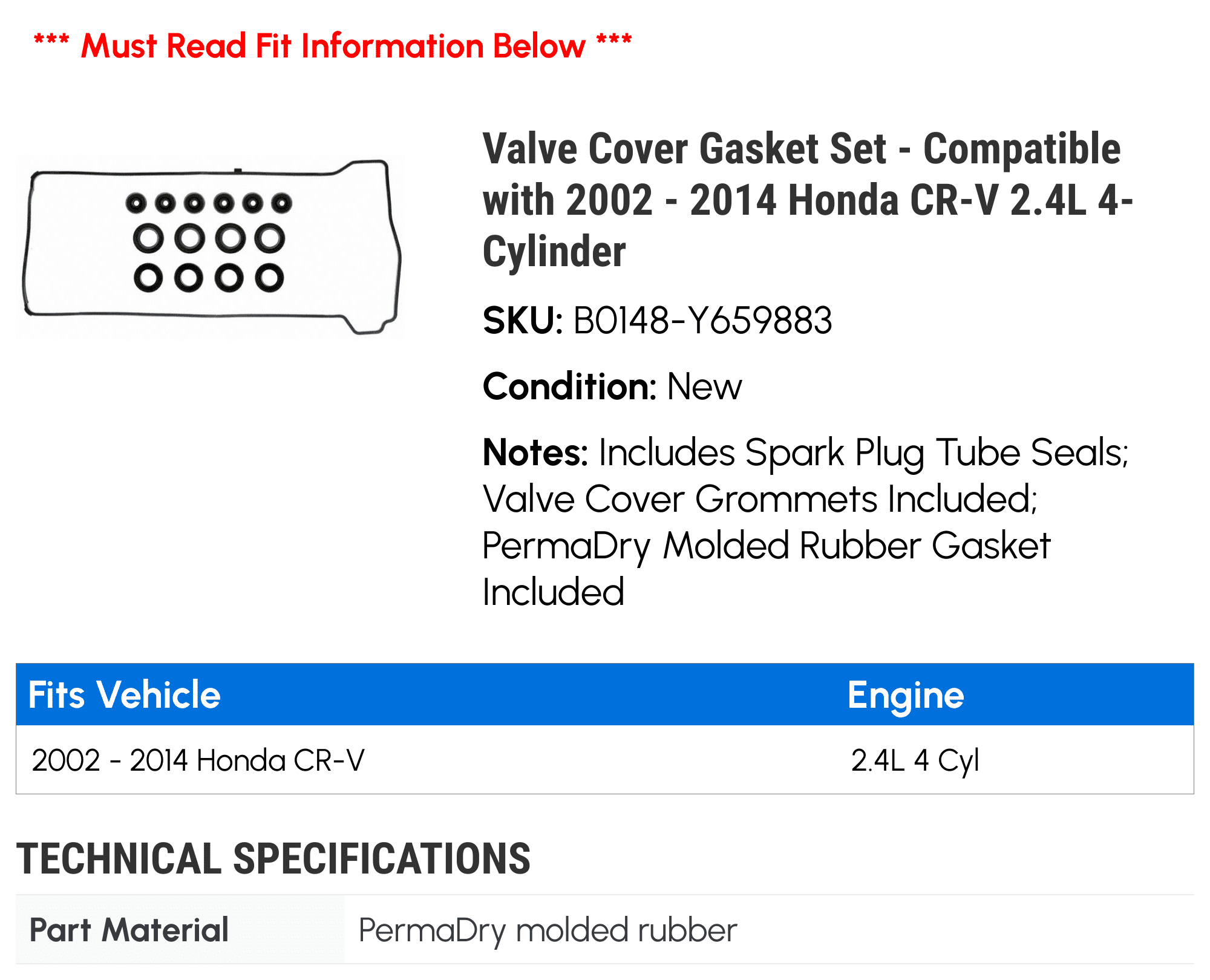 Valve Cover Gasket Set - Compatible with 2002 - 2014 Honda CR-V 2.4L 4-Cylinder 2003 2004 2005 2006 2007 2008 2009 2010 2011 2012 2013
