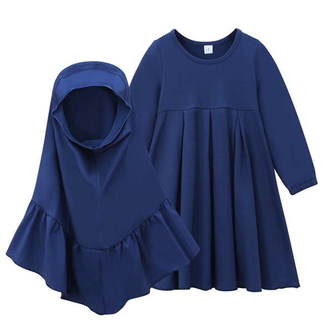 Odeerbi Niñas Plisado Vestido Musulmán Con Hijab Ruffle Algodón Una-Piece Islamic Prayer Dress Solid Color Long Sleeve Dress With Headscarf Set