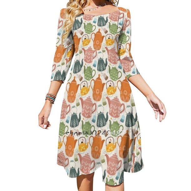 Vestido acampanado con teteras florales Vestido de cuello cuadrado Vestido elegante de moda femenina Vestido estampado Tetera de té de inspiración vintage