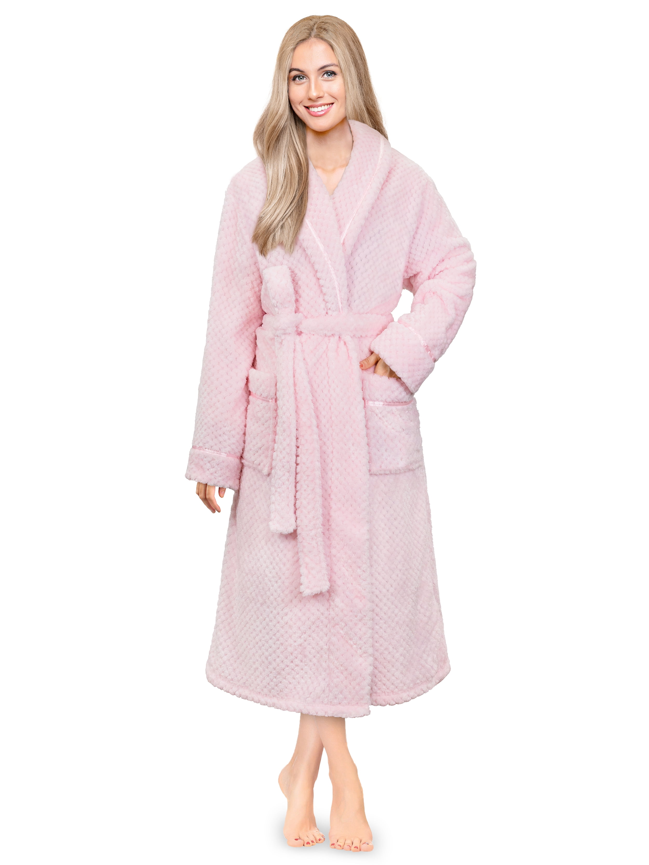 PAVILIA Women Plush Fleece Robe Light Pink Soft Textured Bathrobe Lady Cozy Spa Long Robe Fuzzy Satin Waffle Trim L XL