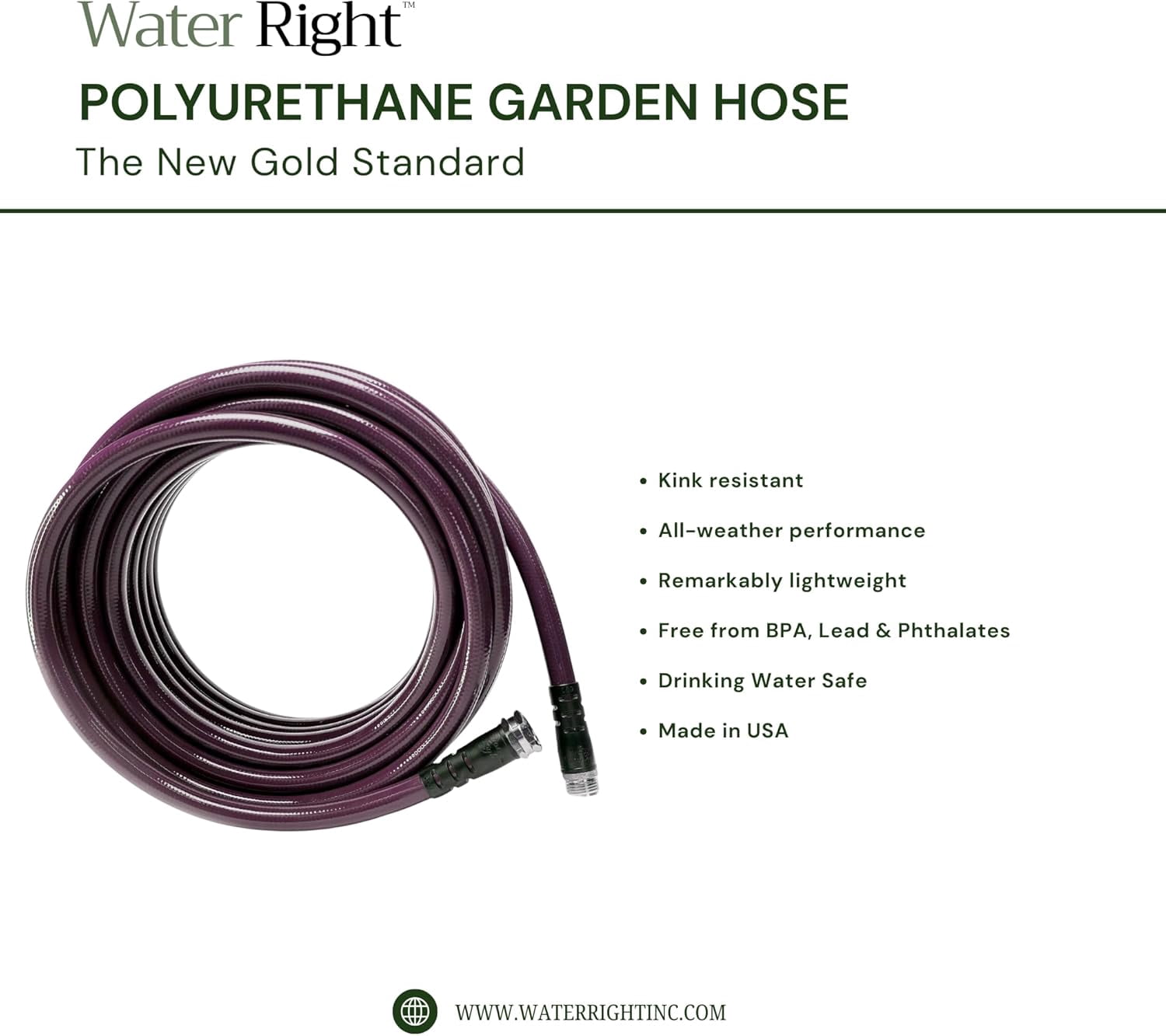 Water Right PSH-075-EP-5PKRS (7/16") Slim Garden, Drinking Water Safe, 75-Foot, Lead-Free Brass Fittings, Eggplant 400 Series Hose