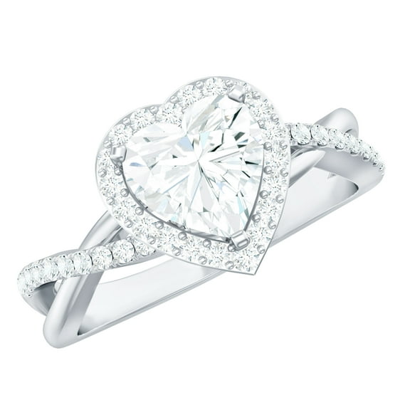 Rosec Jewels Moissanite Heart Engagement Ring with Halo - Crossover Ring (7 mm, 1 Carat, D-VS1 Quality Certified), 925 Sterling Silver, US 4.00