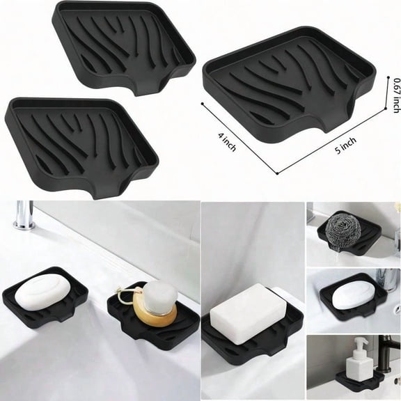 2 Pack Silicone Soap Dish with Drain Bar Soap Holder for Shower Bathroom and Kitchen Sink Organizer Self Draining Waterfall Soap Tray Black