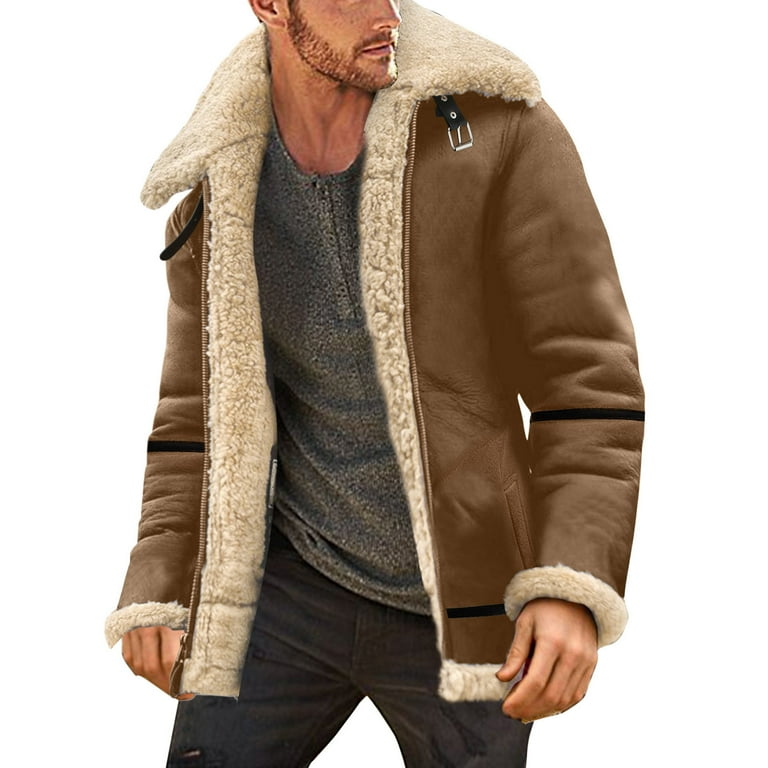 JDEFEG Tall Men Winter Jackets Men Plus Size Winter Coat Lapel Collar Long  Sleeve Padded Leather Jacket Vintage Thicken Coat Sheepskin Jacket Coat  Hood for Men Brown Xxxxxl 