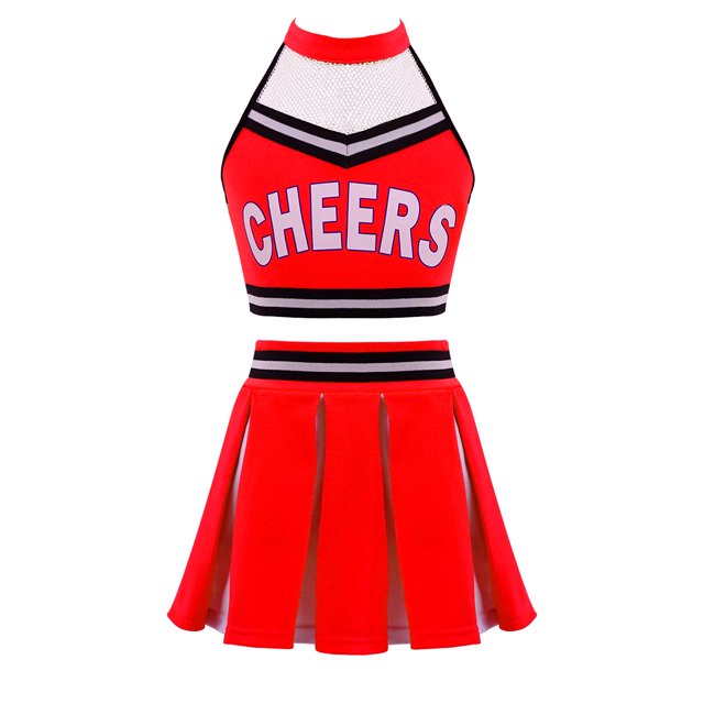 Jowowha Costume de Cheerleading pour Filles, Haut Court à Licou avec Jupe Plissée, Uniforme de Cheerleading Rouge 16