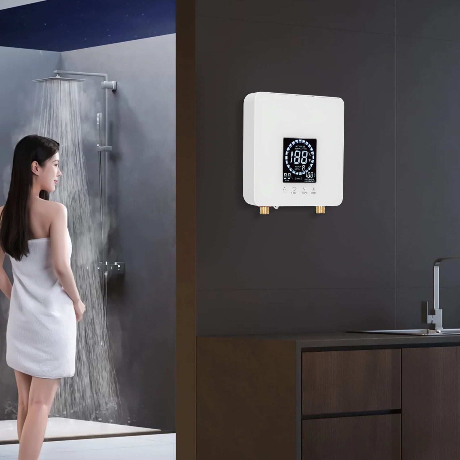 8.86*8.27*2.95in Wall Mounted Rectangular White Instant Electric Water Heater with LED Display for Bathrooms