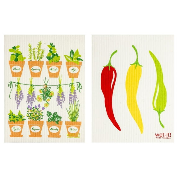Wet-It! Swedish Treasures Dishcloth & Cleaning Cloth - Set of 2 - Herbs and Peppers - (Paper Towel Replacement)