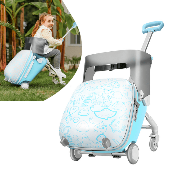 ReadRun Kids Ride-On Carry-On Luggage 20", 2-in-1 Travel Suitcase with Spinner Wheels and Seat, Toddler Stroller Case for Airplane Trips, Blue