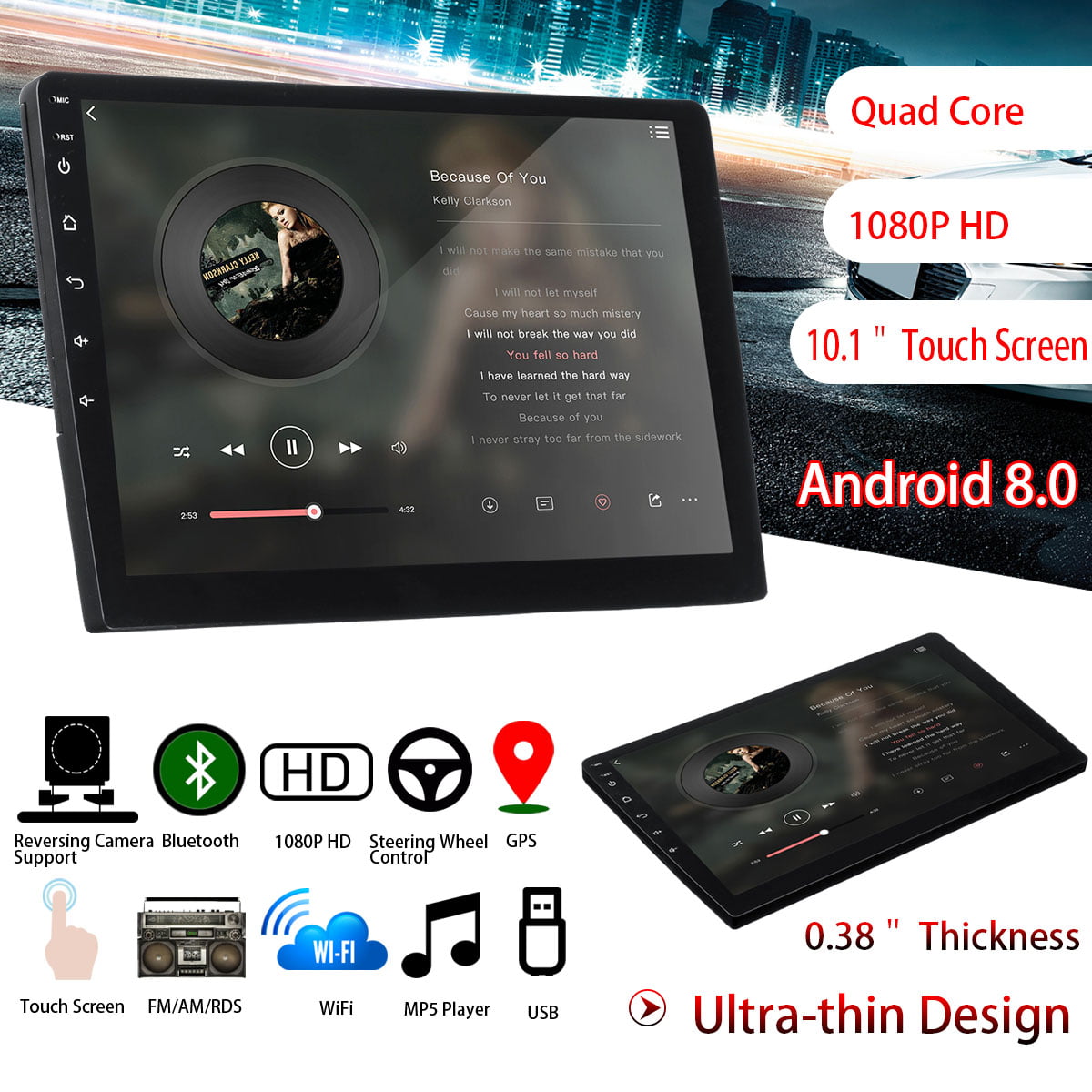 Lopbinte 8 Inch Quad Core Android 10.0 Car Multimedia Player 2 DIN Touch-Screen Car Stereo GPS WiFi FM BT Mirror Link 4 USB Input