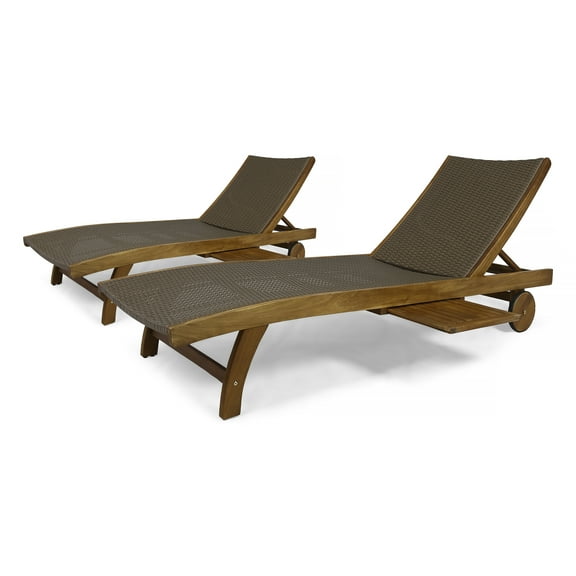 Parrish Outdoor Wicker and Wood Chaise Lounge with Pull-Out Tray, Set of 2, Brown
