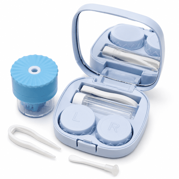 Contact Lens Case with Cleaner Washer, Travel Size Cute Colored Contact Lenses Applicator Removal Tool Kit with Mirror Solution Bottle for Daily Outdoor (Blue)