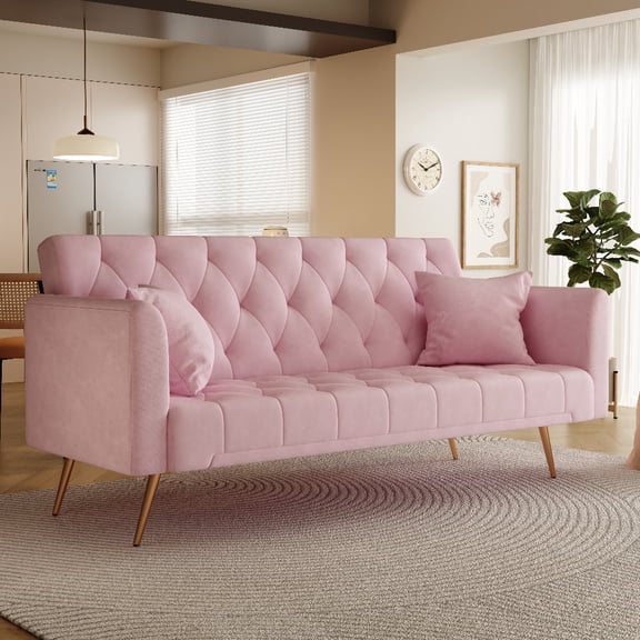 Oufan 71" American Convertible Sofa, Velvet Loveseat with Adjustable Backrest & Metal Legs, 2-Seater Couch for Living Room, Apartment, Pink