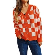 Wassery Women Checkered Knitting Sweater Coat Cardigan Long Sleeve V Neck Plaid Buttons Spring Street Casual Loose Jumpers