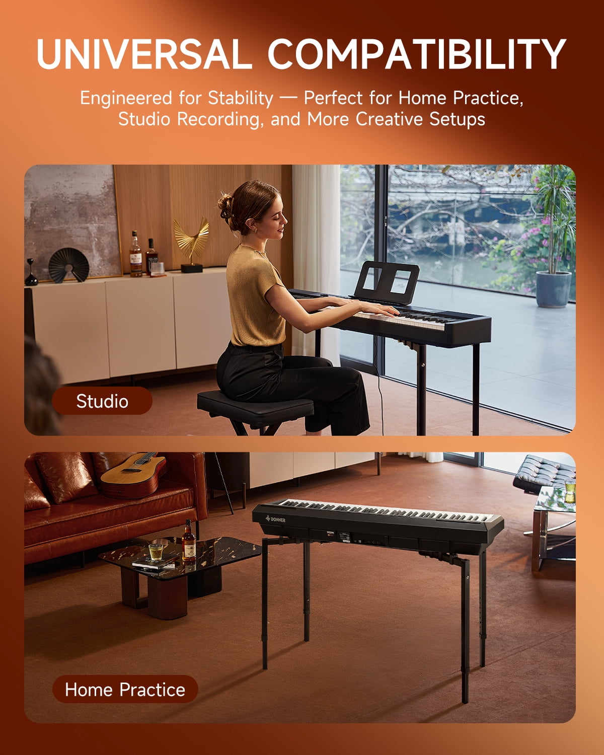 Donner DKS-200 Keyboard Stand - 8-Level Height Adjustment, 180° Angle Control, Anti-Slip Pads, Heavy-Duty Steel, for Home & Studio, Black