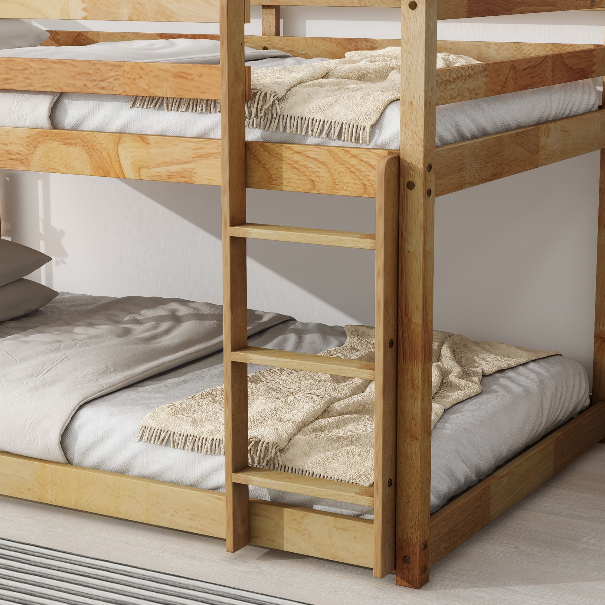 Leumius Twin over Twin Floor Bunk Bed with Ladder ,Upper and Bottom Bed Platforms Crafted with Strengthened Slats for Boys Girls Natural