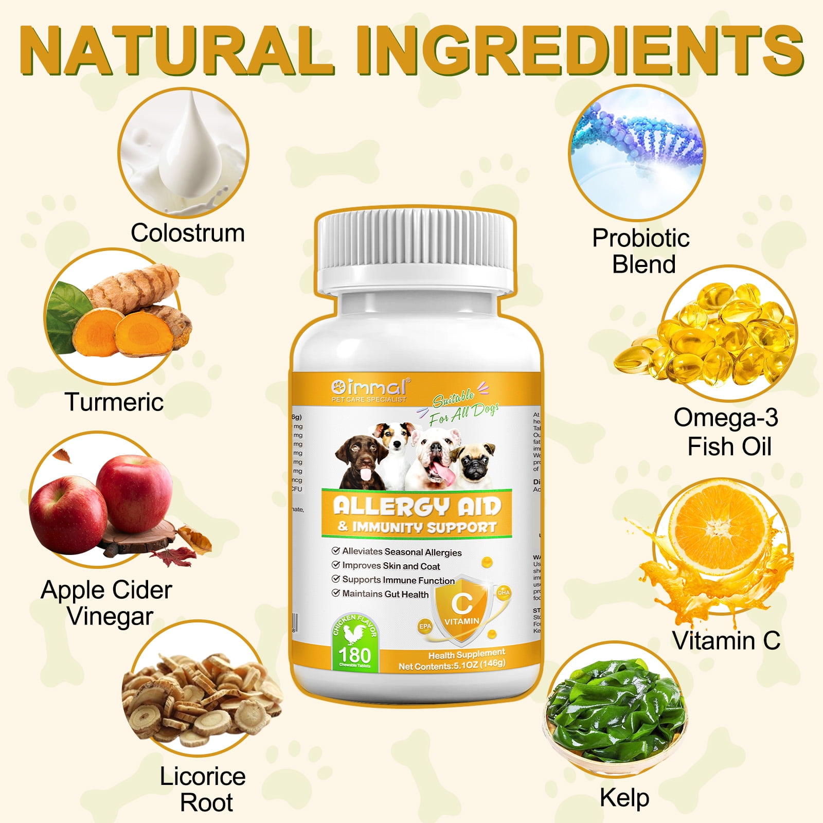 Oimmal Allergy Relief Chewable Tablets for Dog | Health Supplements for Dog | Relieve Dogs Skin Irritation and Shedding Due to Seasonal Allergies or Dermatitis | 180*2 Chewable Tablets