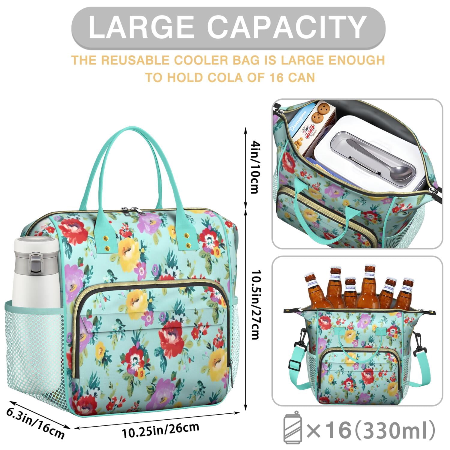 Pioneer Flower Floral Print Pattern Womens Lunch Box for Work,Insulated Large Lunch Bag for Tween and Teen,Loncheras Para Mujer,Leakproof Adult Lunch Bag for Work,Beach,Travel,Picnic,Camping